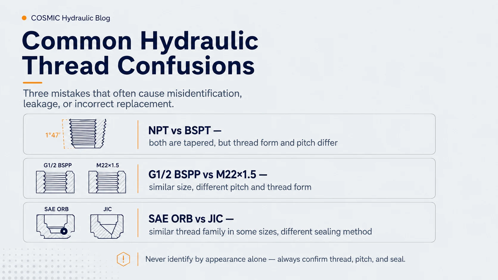 Common hydraulic thread identification mistakes including NPT versus BSPT, G1/2 versus M22 by 1.5, and SAE ORB versus JIC