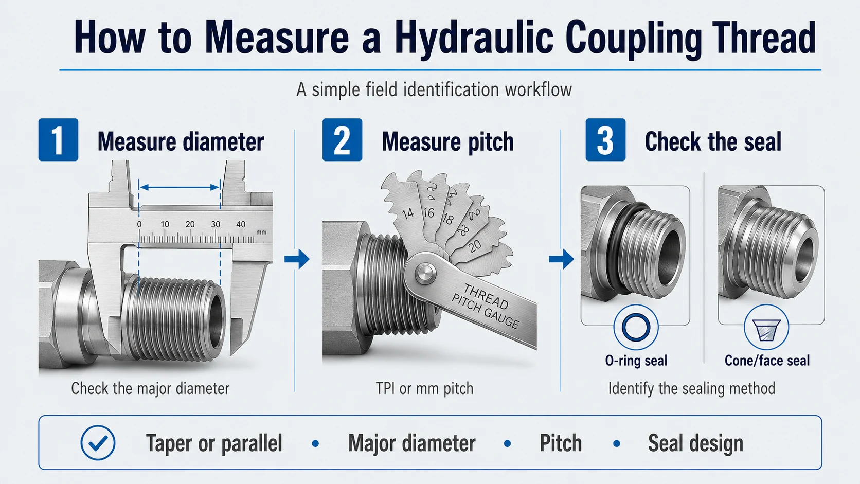 How to measure hydraulic coupling thread diameter, pitch and sealing method