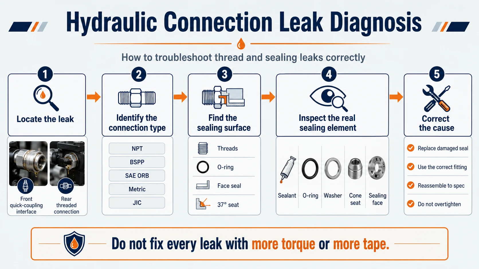 Five-step hydraulic connection leak diagnosis workflow