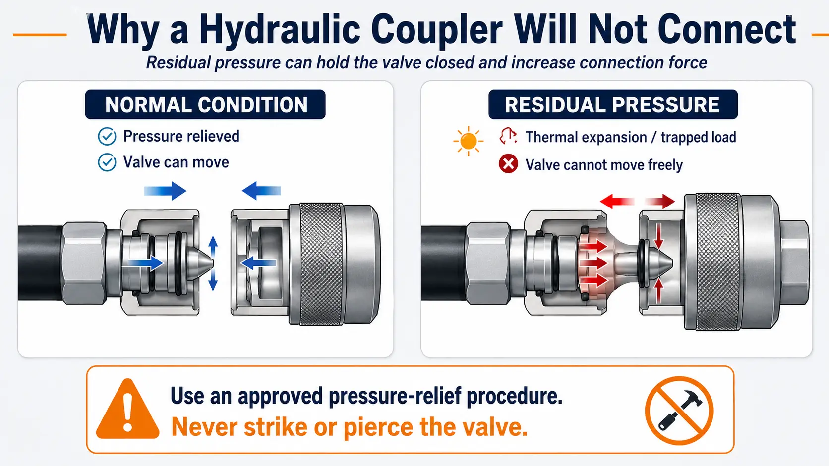 Residual pressure preventing a hydraulic quick coupler from connecting