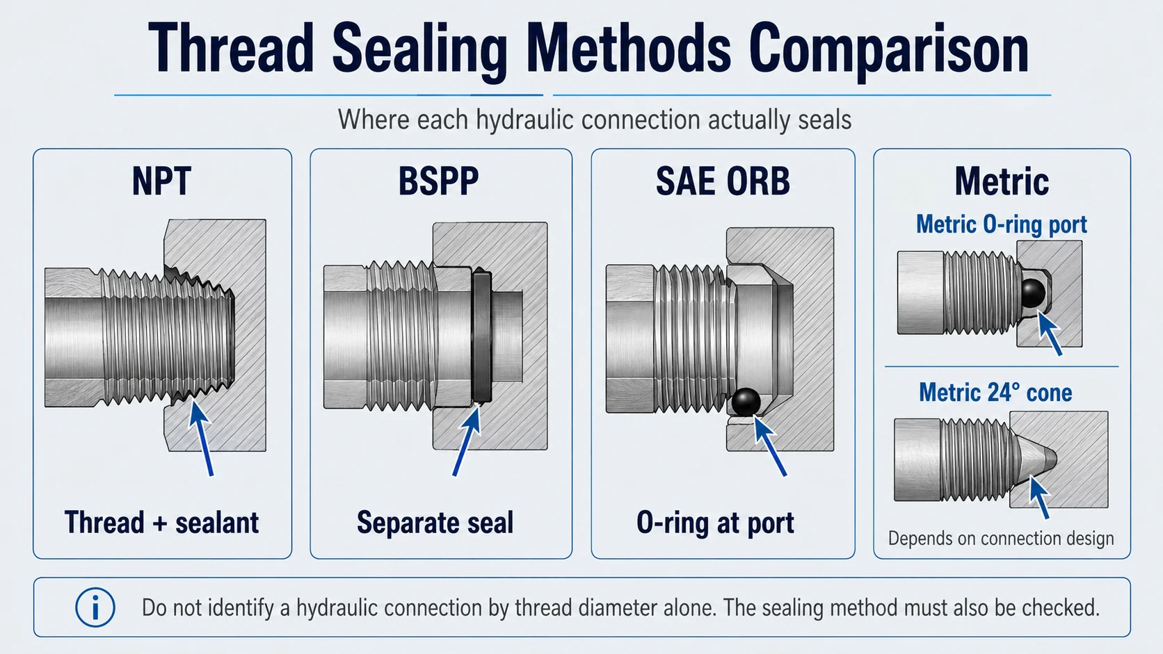 Hydraulic thread sealing methods for NPT, BSPP, SAE ORB and metric connections