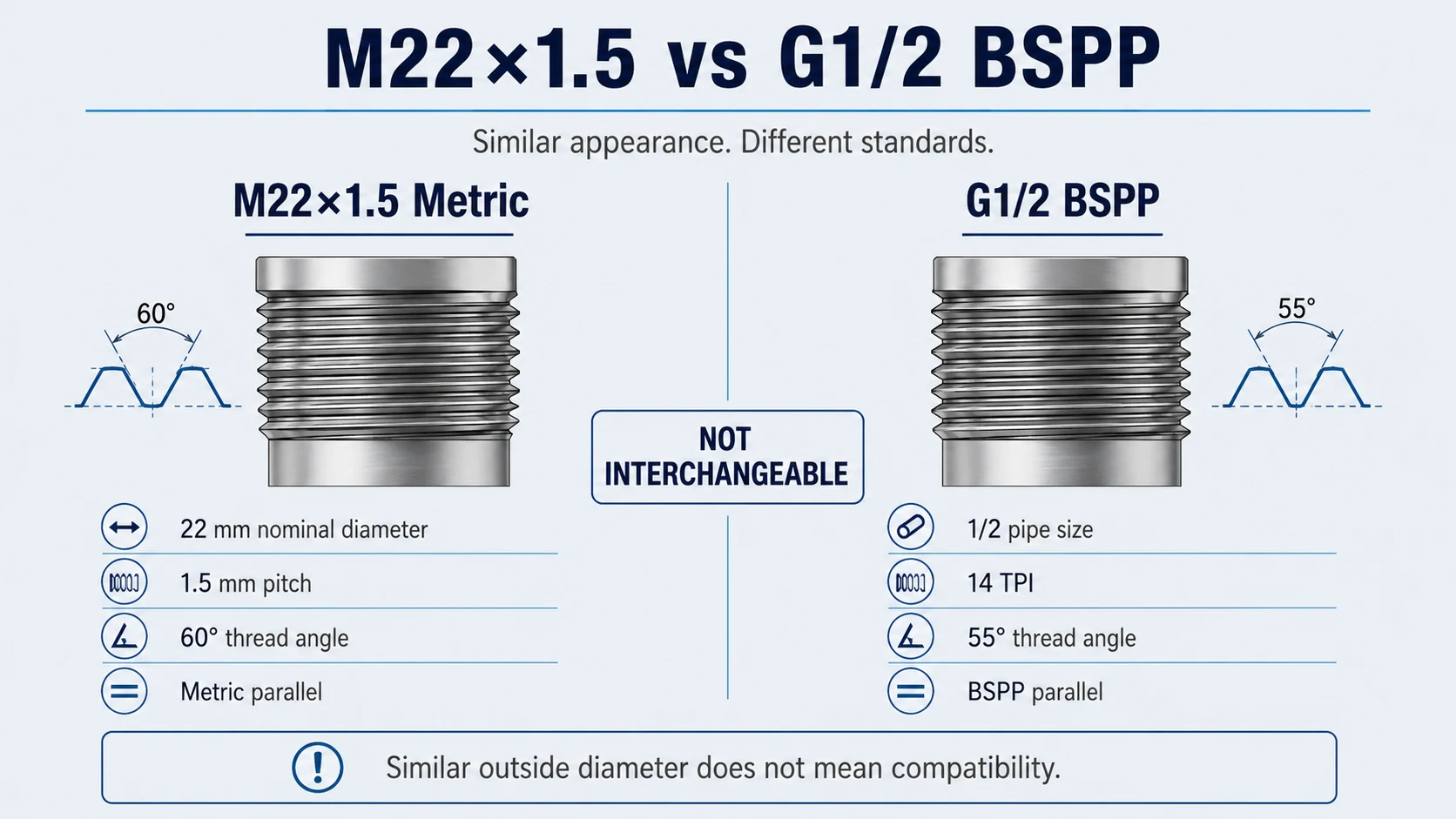M22 by 1.5 metric thread compared with G1/2 BSPP thread