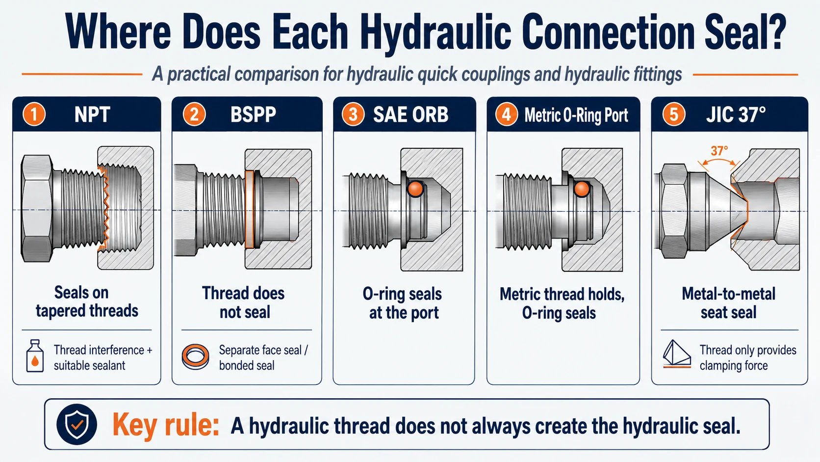 Comparison showing where NPT, BSPP, SAE ORB, metric O-ring and JIC hydraulic connections seal